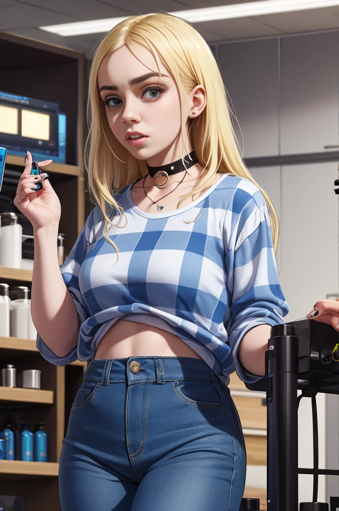Billie Eilish, Blue plaid shirt, blue jeans, choker necklace, working in the lab, in the lab, working with chemical equipment, chest covered with shirt, Detailed hands, HD fingers, camel's foot, Wedges, contour, nude cleavage, ((small breasts))(handmade:1.4), (penis:1.2),focus on penis, (naked tits covered in cum:1.3 NFV((after blowjob)), ((cum on face))