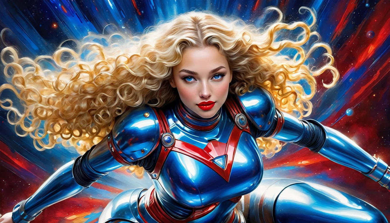 High-quality realistic acrylic painting, VIVID COLORS, a beautiful woman with long blonde curly hair, red lips, looking at the viewer with suspicious face and a shy smile. She wears shades of blue shiny ultra-glossy armor, with the hands in waist, against a deep space background