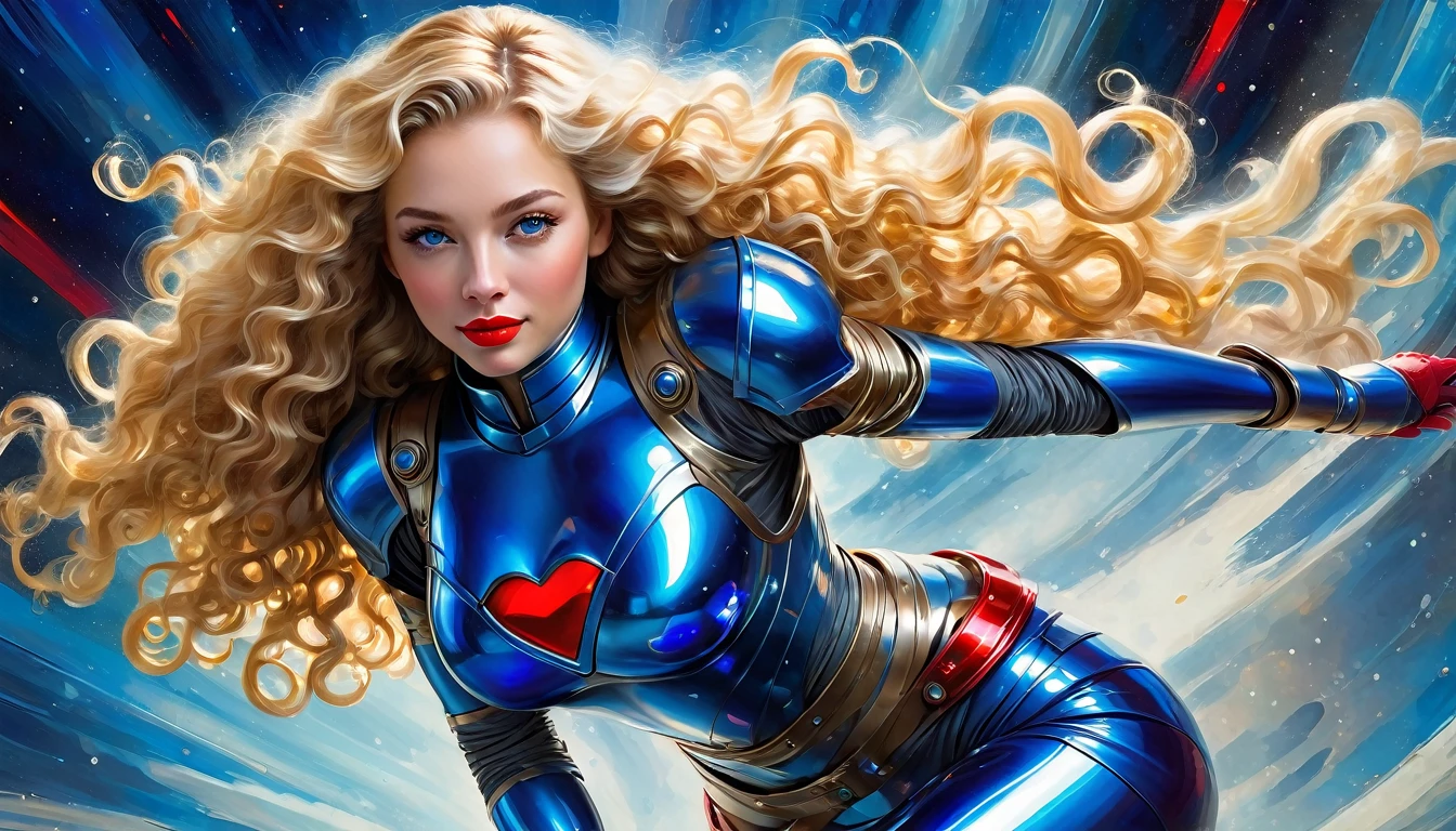 High-quality realistic acrylic painting, VIVID COLORS, a beautiful woman with long blonde curly hair, red lips, looking at the viewer with suspicious face and a shy smile. She wears shades of blue shiny ultra-glossy armor, with the hands in waist, against a deep space background