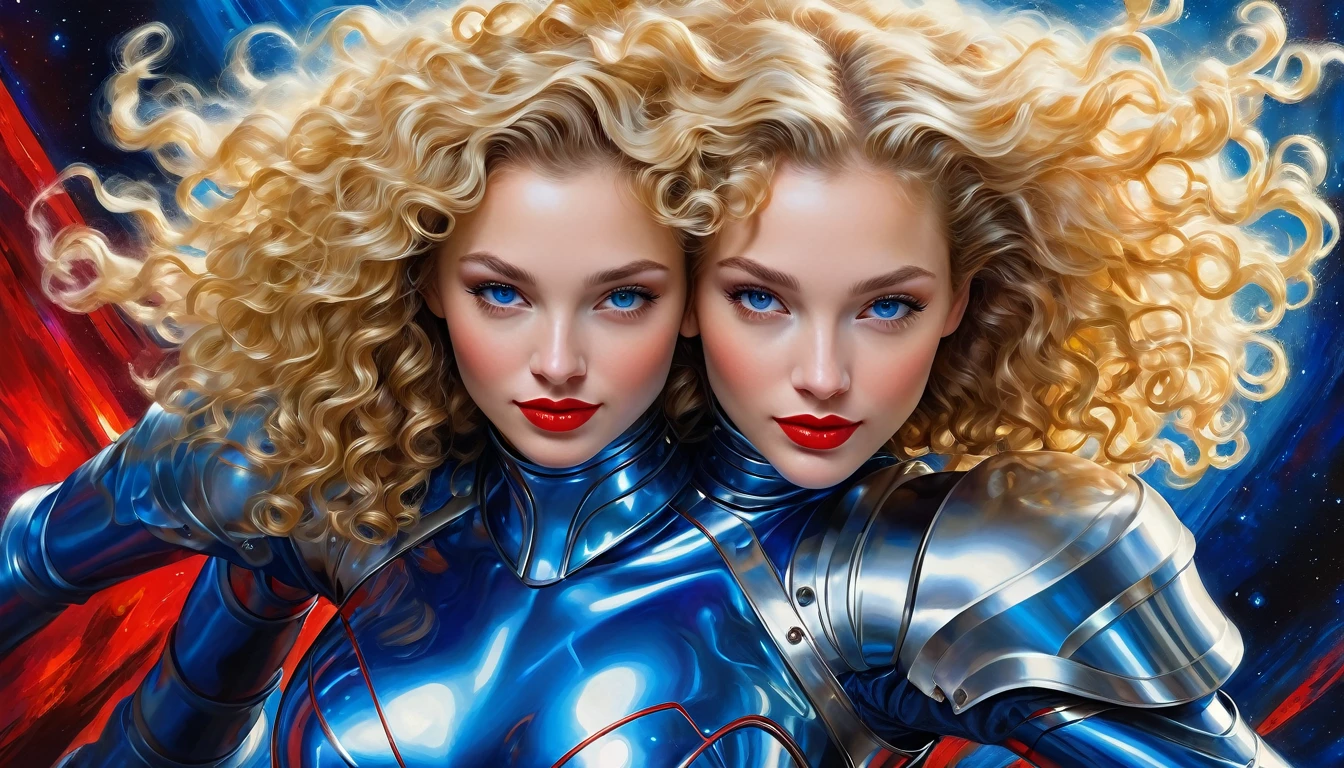 High-quality realistic acrylic painting, VIVID COLORS, a beautiful woman with long blonde curly hair, red lips, looking at the viewer with suspicious face and a shy smile. She wears shades of blue shiny ultra-glossy armor, with the hands in waist, against a deep space background