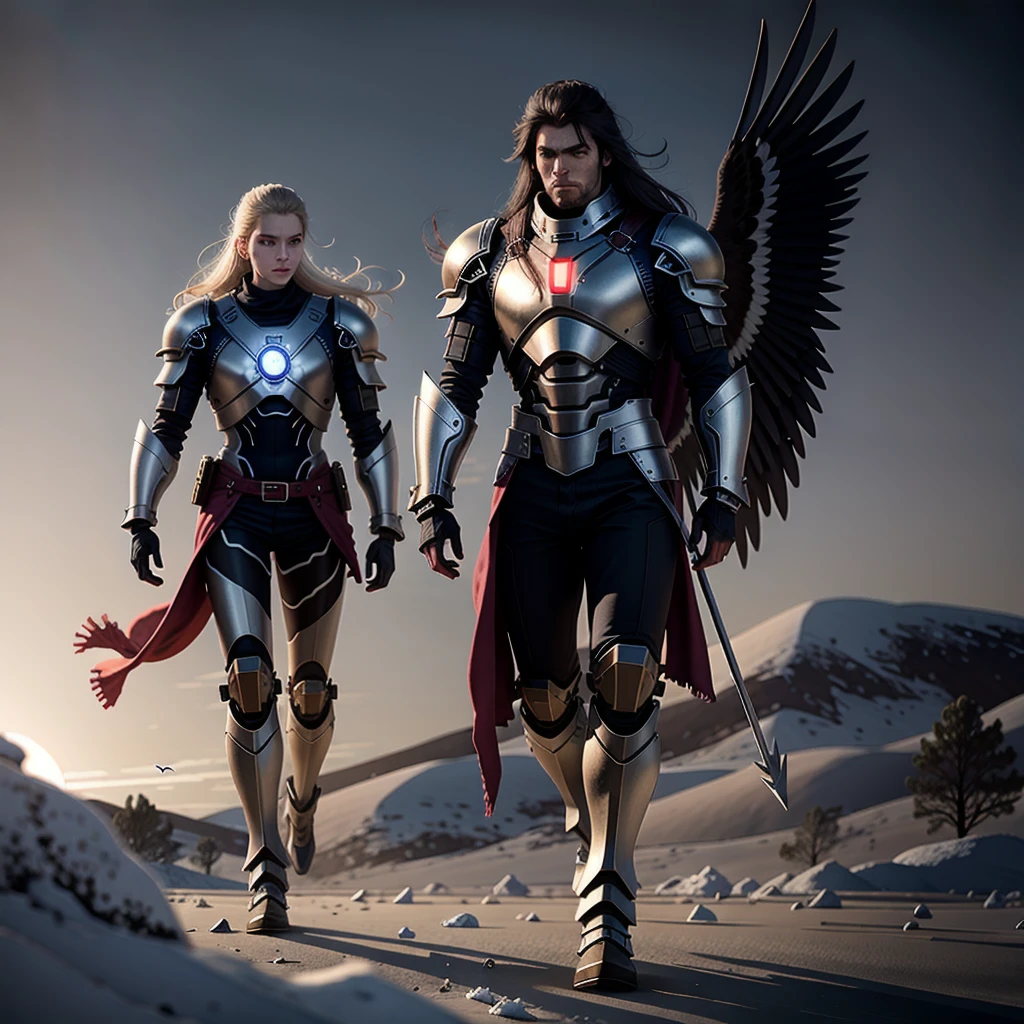 High resolution drawing of large full body long hair warrior facing camera with illuminated bionic armor with muscular body, head facing right, walking in a desert of ice, eagles flying in the sky at dusk.