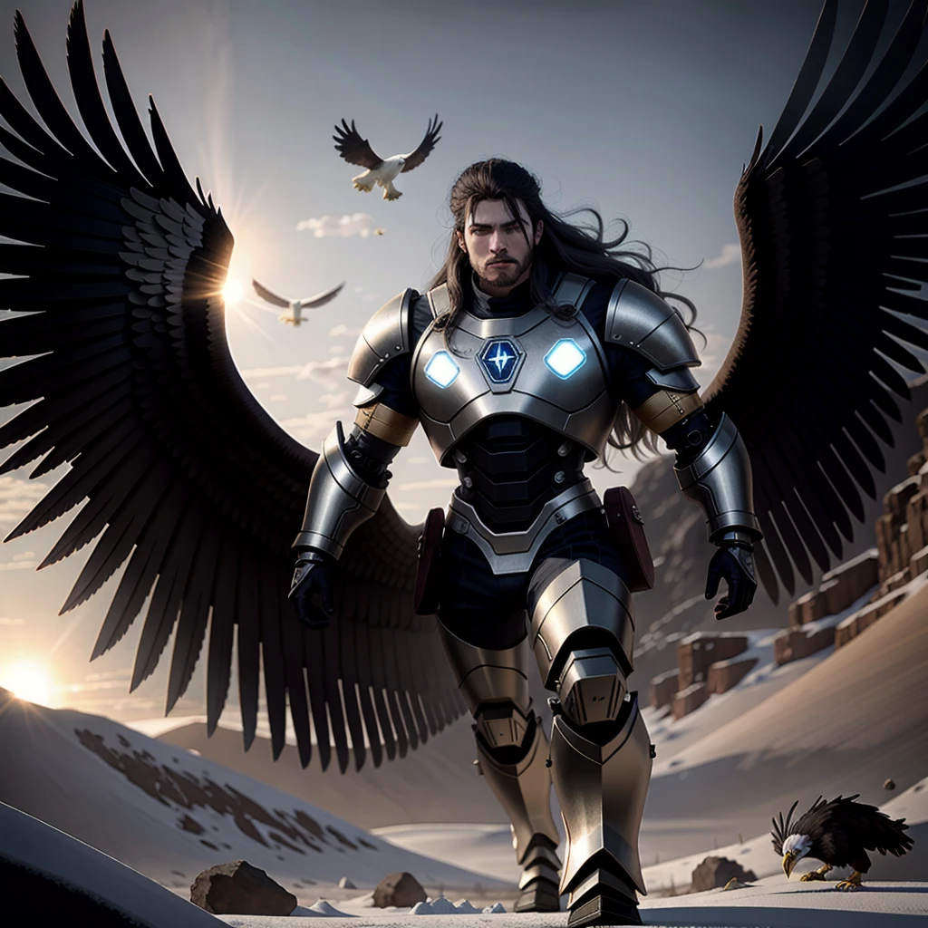 High resolution drawing of large full body long hair warrior facing camera with illuminated bionic armor with muscular body, head facing right, walking in a desert of ice, eagles flying in the sky at dusk.