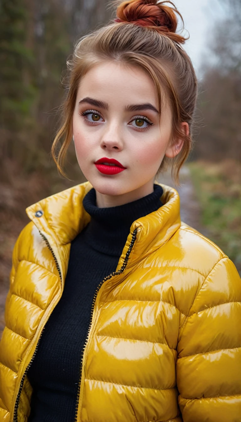 ultrarealistic high quality fullbody photo of a beautiful slim european teen girl with cute hyperdetailed shy face and natural redhead short messy bun and mischievous face, realistic round hazel eyes, red lips, dark eye makeup with eyeliner, wearing shiny yellow puffer jacket and faux leather leggins, hourglass body, outdoor shooting