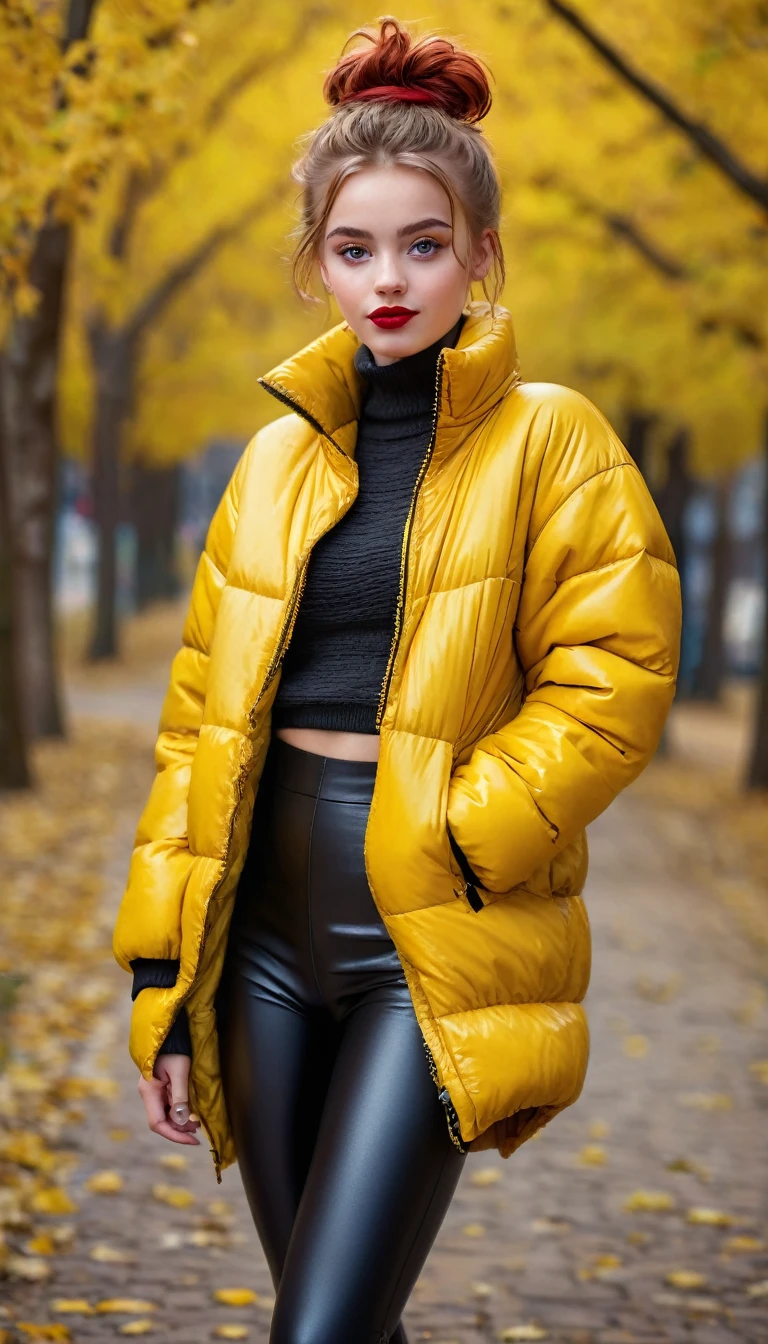 ultrarealistic high quality fullbody photo of a beautiful slim european girl with cute hyperdetailed shy face and natural redhead short messy bun and mischievous face, realistic round hazel eyes, red lips, dark eye makeup with eyeliner, wearing shiny yellow puffer jacket and faux leather leggins, hourglass body, outdoor shooting