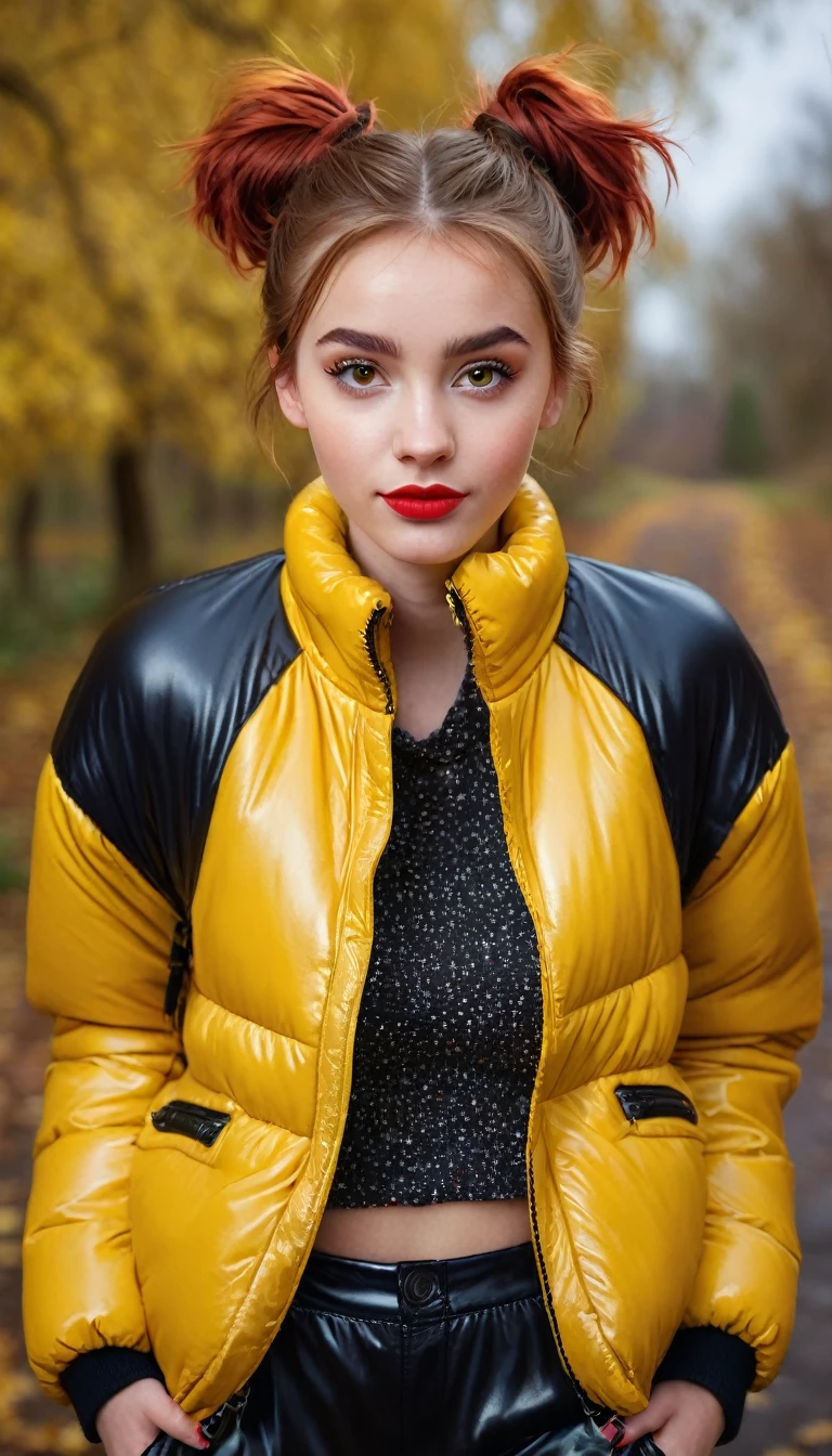 ultrarealistic high quality fullbody photo of a beautiful slim european teen girl with cute hyperdetailed shy face and natural redhead short messy bun and mischievous face, realistic round hazel eyes, red lips, dark eye makeup with eyeliner, wearing shiny yellow puffer jacket and faux leather leggins, hourglass body, outdoor shooting