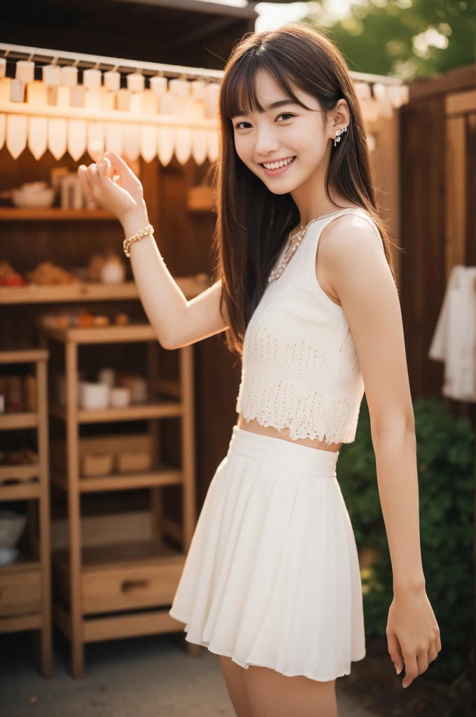 summer festival night stall, first year high school student, ((full body)), ((photo)), ((best qualtiy, 8K, tmasterpiece:1.3)), Focus:1.2, perfect figure beautiful girl:1.4, 1girl, cowboy shot, look at viewer, incredibly absurd, beautiful and cute girl with a photorealistic face, showcasing top-quality craftsmanship, A Japanese girl walking around looking at the food stalls at a summer festival on a night, 15 years old, straight hair that reaches about 10cm below her shoulders, light brown hair color, shiny hair, bangs cut straight above her eyes, hair tucked behind her ears, soft round face, large almond-shaped eyes, light brown eye color, long eyelashes, thin and neat eyebrows, small nose with a straight bridge, cherry-colored lips, bright smile, white teeth, smooth skin, fair skin, light pigmentation, freckles, average height, lithe figure, well-balanced proportions, bracelet with charms, diamond stud earrings, beautiful girl, pure, moe, cheerful, curious, friendly, polite, responsible, likes festivals and events, August