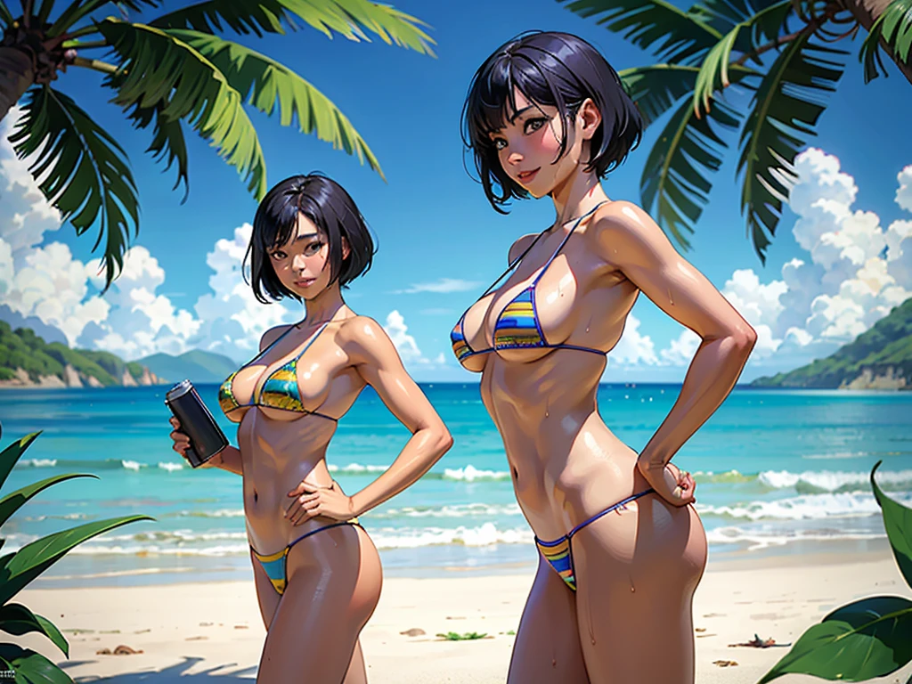 ((highest quality, masterpiece, High resolution)), ((reality)),Photos of beautiful Japanese women,((anime art))、 (((1 girl))), normal size breasts, slim body shape, medium short hair, double eyelid, Wet see-through micro bikini, A pareo with bold ethnic patterns and plenty of primary colors、realistic skin、Wet,whole body,cinematic light、tropical、Against the background of palm trees on both sides、on a sunny beach、With the sea in the background、blur background、smile