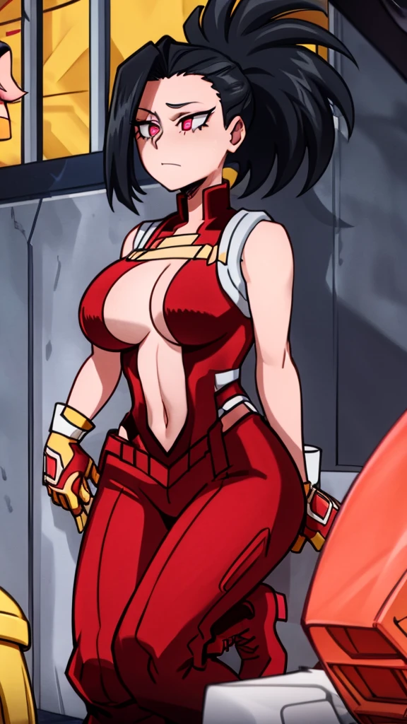 An emo girl shy nervous afraid dumb quiet sexy cute beautiful beautiful big breast long wavy black hair her pink eye she wears a red corset under a black vest shows her navel and a metallic black pants yellow boot long yellow metal gloves
