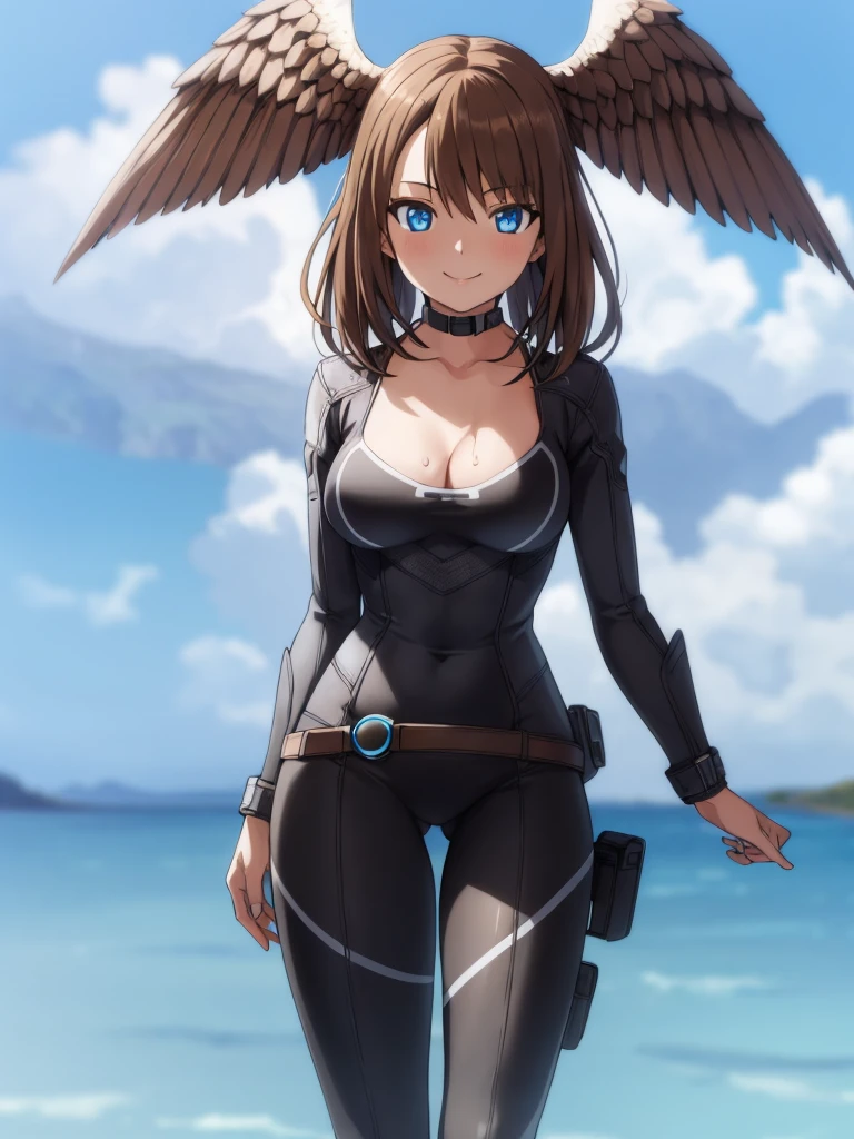 1girl, solo, HDR,  sharp focus,  (8k),  (4k),  masterpiece,  best quality,  extremely detailed,  detailed skin,  hyper detailed,  sharp focus,  perfect eyes,  high quality,, best quality, eunie,1girl,brown hair,  head wings, blue eyes, big breasts, perfect hands, smile, bikini, cute,