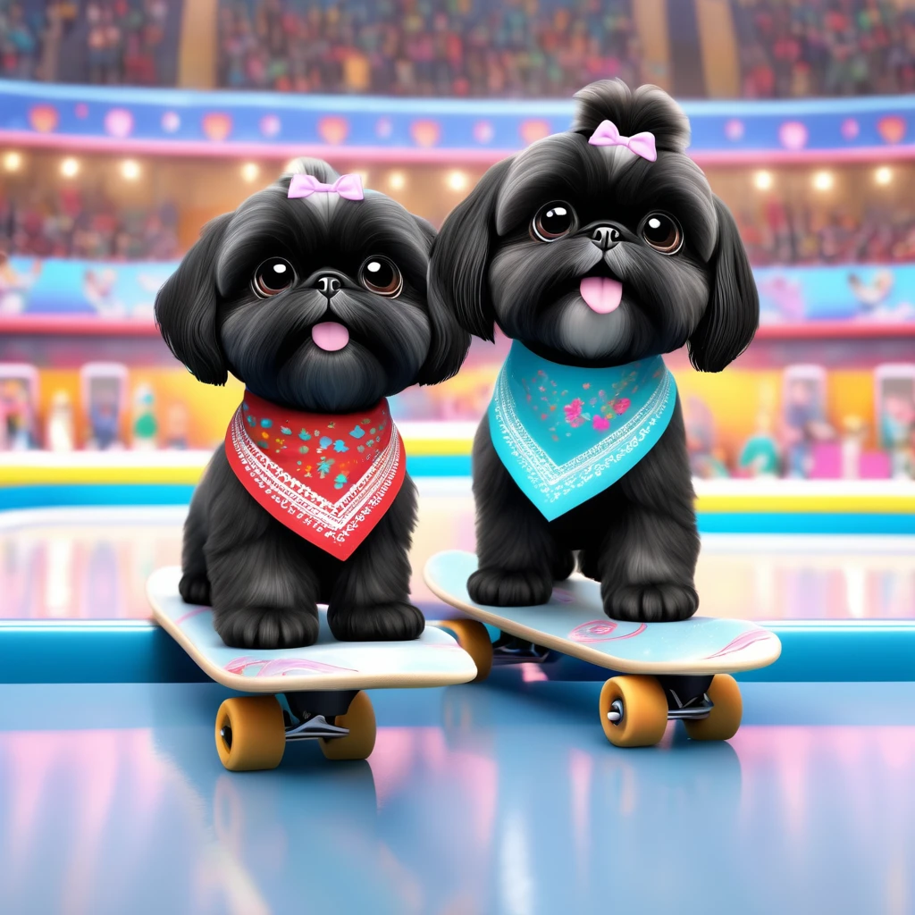 2 Adorable small black Shih Tzu puppies wearing bright bandannas at skating rink Disney background 3d cartoon 3d render disney pixar style