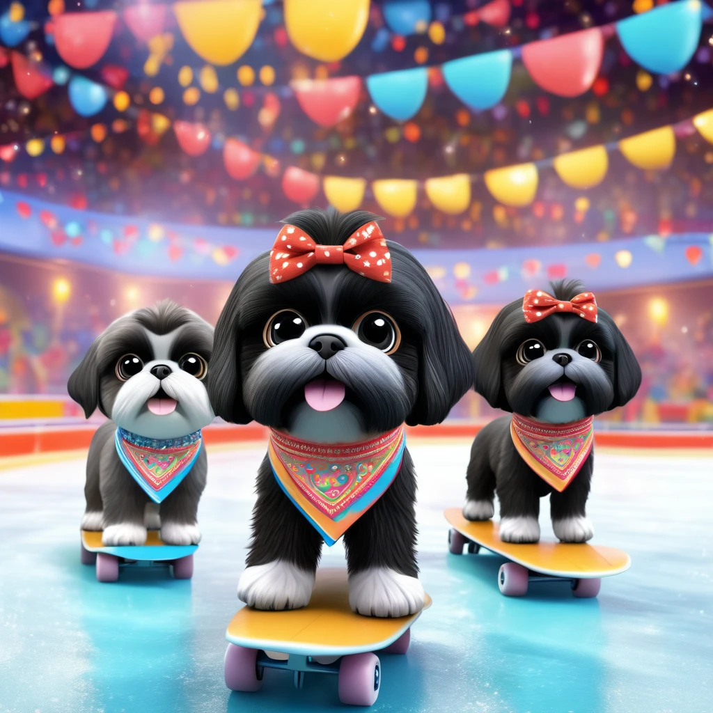 2 Adorable small black Shih Tzu puppies wearing bright bandannas at skating rink Disney background 3d cartoon 3d render disney pixar style