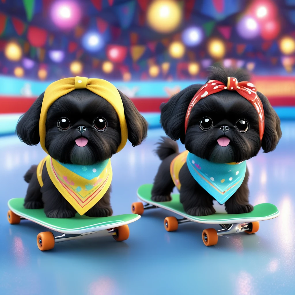 2 Adorable small black Shih Tzu puppies wearing bright bandannas at skating rink Disney background 3d cartoon 3d render disney pixar style