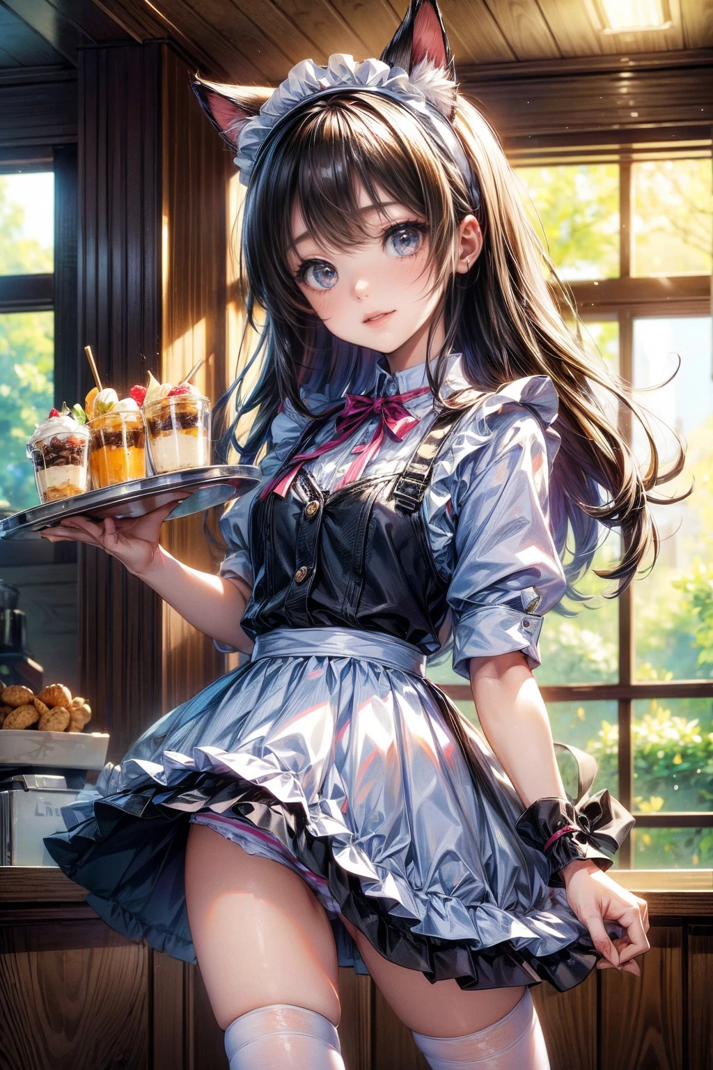 One Girl、(20-year-old woman)、Cat ears headband、Cat tail、Maid、Holding a tray with two parfaits on it in one hand、With the other hand, lift your skirt to show your underwear、Short skirt、White knee-high socks、Striped pants、Highest quality、8K、Beautiful Face、Mischievous smile、Wink、View Viewer、Bright cafe