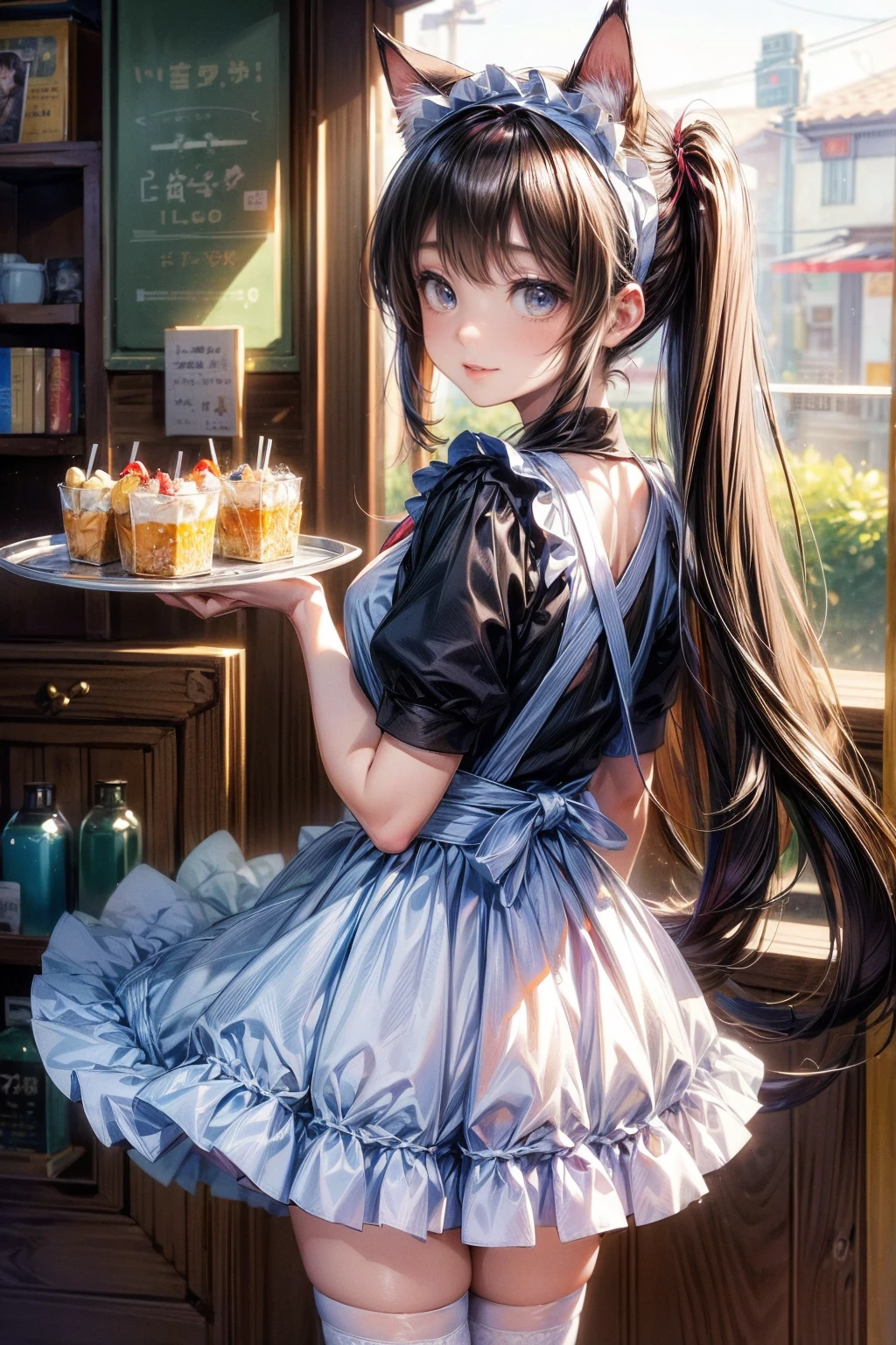 One Girl、(20-year-old woman)、Cat ears headband、Cat tail、Black maid outfit、Holding a tray with two parfaits on it in one hand、With the other hand, lift your skirt to show your underwear、Short skirt、I can see your pants、White knee-high socks、Striped pants、Highest quality、8K、Beautiful Face、Mischievous smile、Wink to the viewer、View Viewer、A bright cafe with a black cat