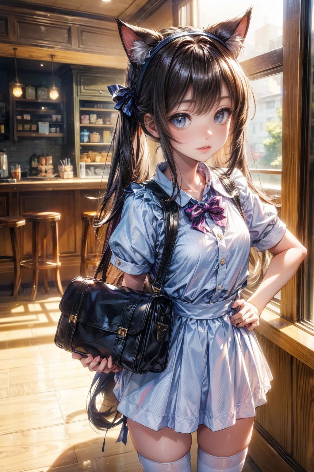 One Girl、(20-year-old woman)、Cat ears headband、Cat tail、Detailed maid、Holding a tray with two parfaits on it in one hand、With the other hand, lift your skirt to show your underwear、Short skirt、I can see your pants、White knee-high socks、(Striped pants:1.3)、Highest quality、8K、Beautiful Face、Mischievous smile、Wink to the viewer、View Viewer、A bright cafe with a black cat
