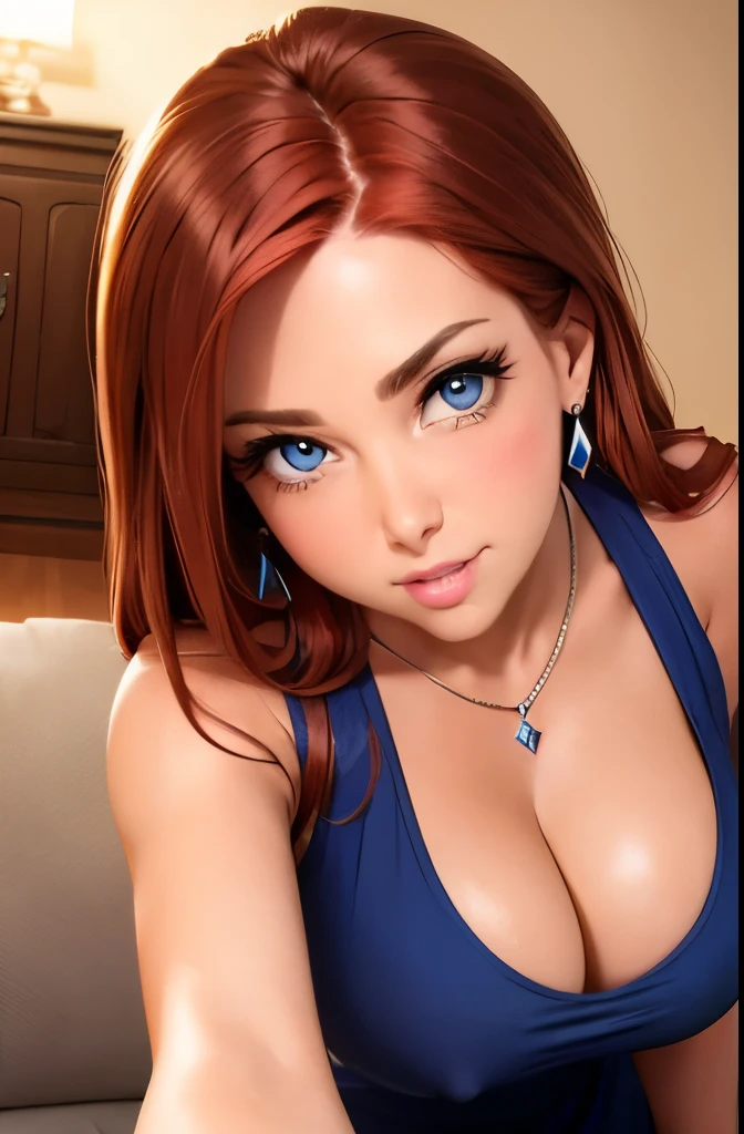 camera angle from underneath, thick auburn hair, crystal blue eyes, open mouth smile, aroused 25 years old, playfully aroused, dripping with desire, cleavage, low cut tanktop , skirt, stretching, coy smile with open parted lips, (blushing:1.3), looking invitingly at the viewer, seductive eyes, facing the viewer, livingroom background, posing by the sofa, (pov), glowing eyes, necklace, earrings, nsfw,
