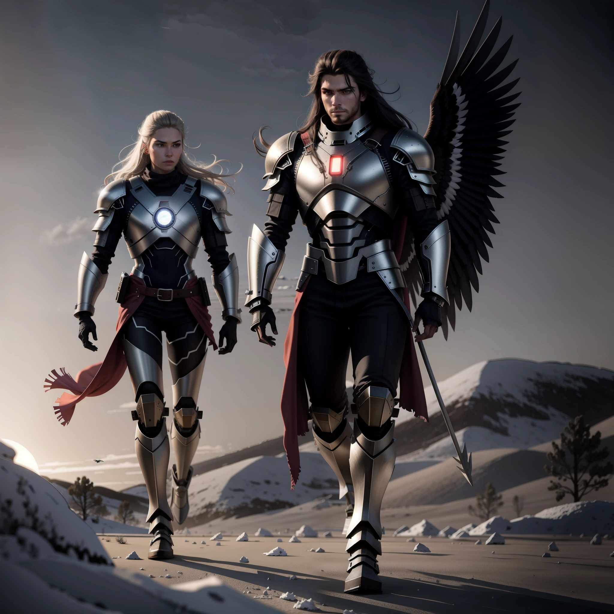 High resolution drawing of large full body long hair warrior facing camera with illuminated bionic armor with muscular body, head facing right, walking in a desert of ice, eagles flying in the sky at dusk.