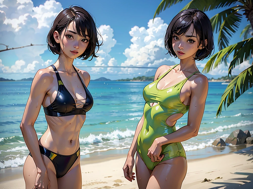 ((highest quality, masterpiece, High resolution)), ((reality)),Photos of beautiful Japanese women,((anime art))、 (((1 girl))), normal size breasts, slim body shape, medium short hair, double eyelid, Wet see-through one-piece swimsuit,, A pareo with bold ethnic patterns and plenty of primary colors、realistic skin、Wet,whole body,cinematic light、tropical、Against the background of palm trees on both sides、on a sunny beach、With the sea in the background、blur background、Clean abs,