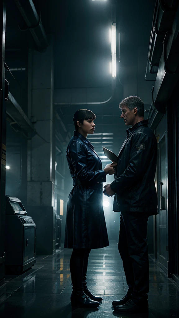 Boss handing micheal a letter of employment, 8k epic realistic imagery, blue scenery like a movie scene, old american setting, inspired by blade runner movie scene, blue tone.