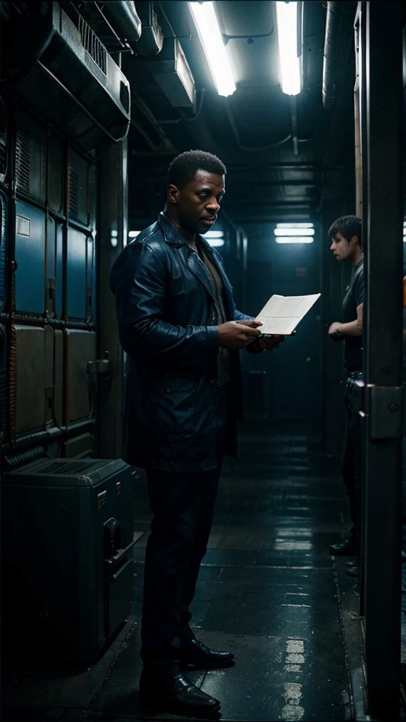 Boss handing micheal a letter of employment, 8k epic realistic imagery, blue scenery like a movie scene, old american setting, inspired by blade runner movie scene, blue tone.