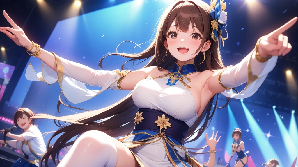 Highest quality、All limbs、Full Finger、Slender beauty、Brown Hair、yours、Idol Costumes、Knee socks、Beautiful big 、Live Stage、sing、Grab the microphone, Dancing、Big smile、 Embarrassed facial expression dynamic angle、Naughty wind