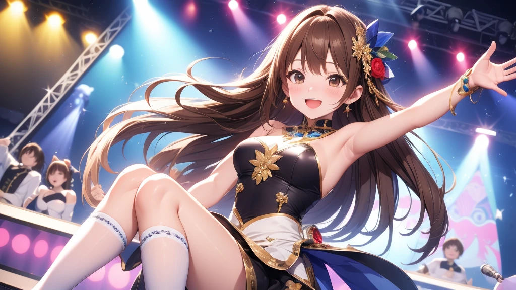 Highest quality、All limbs、Full Finger、Slender beauty、Brown Hair、yours、Idol Costumes、Knee socks、Beautiful big 、Live Stage、sing、Grab the microphone, Dancing、Big smile、 Embarrassed facial expression dynamic angle、Naughty wind