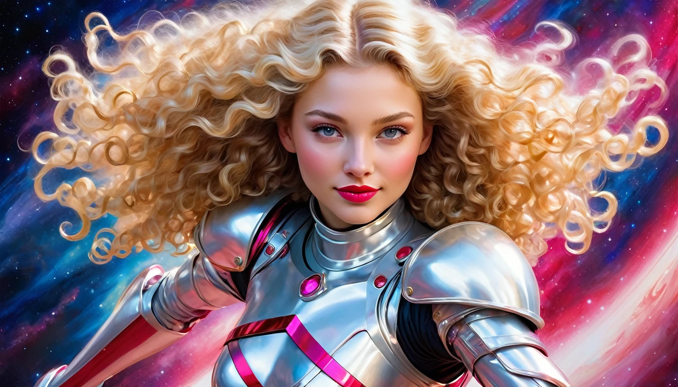 High-quality realistic acrylic painting, VIVID COLORS, a beautiful woman with long blonde curly hair, red lips, looking at the viewer with suspicious face and a shy smile. She wears white and pink shiny ultra-glossy armor, with the hands in waist, against a deep space background