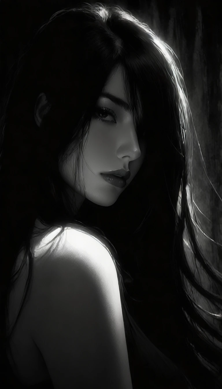 eroticism, sexy, black and white image, curvy girl, long black hair, between shadows, oil painting, chiaroscuro, sensual, dramatic lighting, moody atmosphere, photorealistic, intricate details, masterpiece, ultra-detailed, high quality, 8k, best quality, realistic, cinematic, dark and brooding, expressionistic, powerful composition, emotional impact, Bill Sienkiewicz inspired art