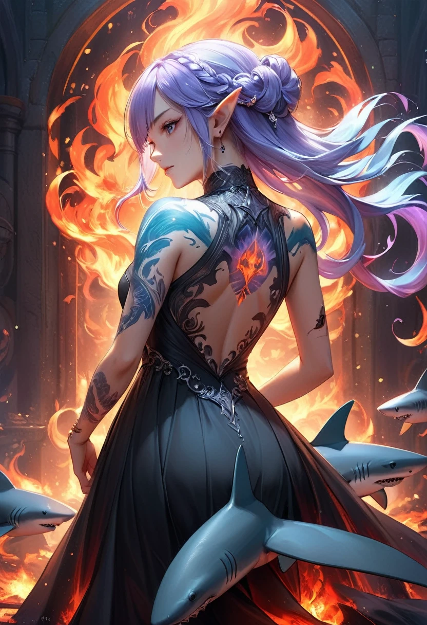 Arafed, Dark fantasy art, fantasy art, goth art, a picture of a ((shark tattoo: 1.5)) on the back of a female elf, a glowing tattoo of a ((shark: 1.3)) on the elf's back, the ((shark tattoo)) is vivid, intricate detailed coming to life from the ink to real life, GlowingRunesAI_purple, ((fire surrounds the shark: 1.5)), shoot taken from the back, ((the back is visible: 1.3), she wears a transparent black dress, the dress is elegant, flowing, elven style, that the tattoos glow, dynamic hair color, dynamic hair style, faize,, Digital Painting