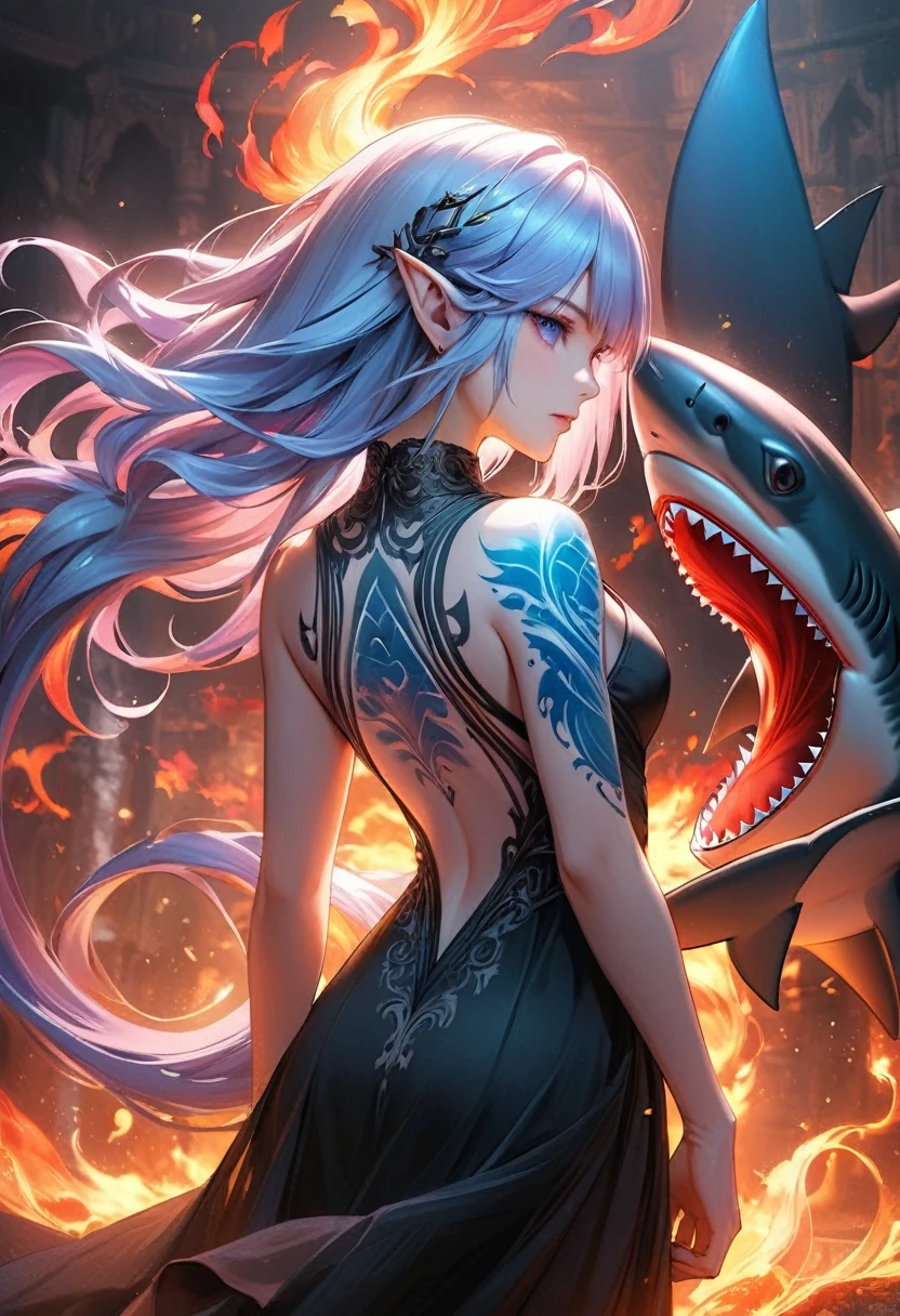 Arafed, Dark fantasy art, fantasy art, goth art, a picture of a ((shark tattoo: 1.5)) on the back of a female elf, a glowing tattoo of a ((shark: 1.3)) on the elf's back, the ((shark tattoo)) is vivid, intricate detailed coming to life from the ink to real life, GlowingRunesAI_purple, ((fire surrounds the shark: 1.5)), shoot taken from the back, ((the back is visible: 1.3), she wears a transparent black dress, the dress is elegant, flowing, elven style, that the tattoos glow, dynamic hair color, dynamic hair style, faize,, Digital Painting