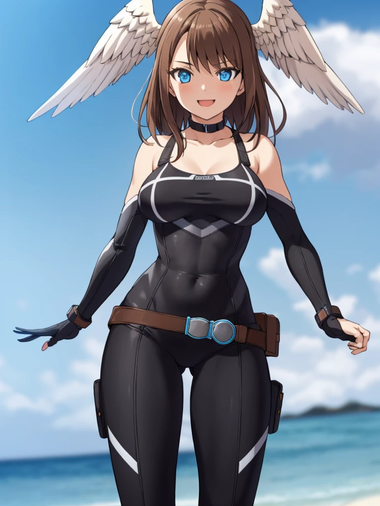 1girl, solo, HDR,  sharp focus,  (8k),  (4k),  masterpiece,  best quality,  extremely detailed,  detailed skin,  hyper detailed,  sharp focus,  perfect eyes,  high quality,, best quality, eunie,1girl,brown hair,  head wings, blue eyes, big breasts, perfect hands, smile, bikini, cute,