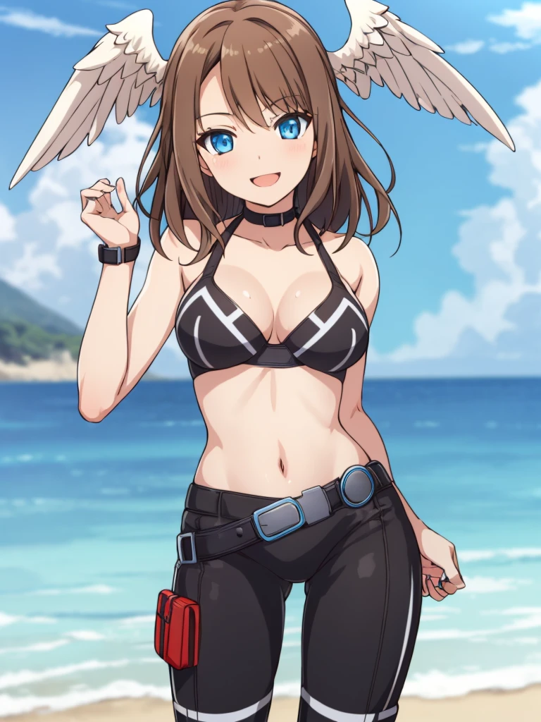 1girl, solo, HDR,  sharp focus,  (8k),  (4k),  masterpiece,  best quality,  extremely detailed,  detailed skin,  hyper detailed,  sharp focus,  perfect eyes,  high quality,, best quality, eunie,1girl,brown hair,  head wings, blue eyes, big breasts, perfect hands, smile, bikini, cute,