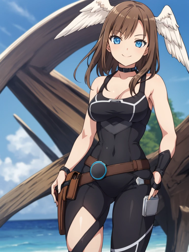 1girl, solo, HDR,  sharp focus,  (8k),  (4k),  masterpiece,  best quality,  extremely detailed,  detailed skin,  hyper detailed,  sharp focus,  perfect eyes,  high quality,, best quality, eunie,1girl,brown hair,  head wings, blue eyes, big breasts, perfect hands, smile, bikini, cute,