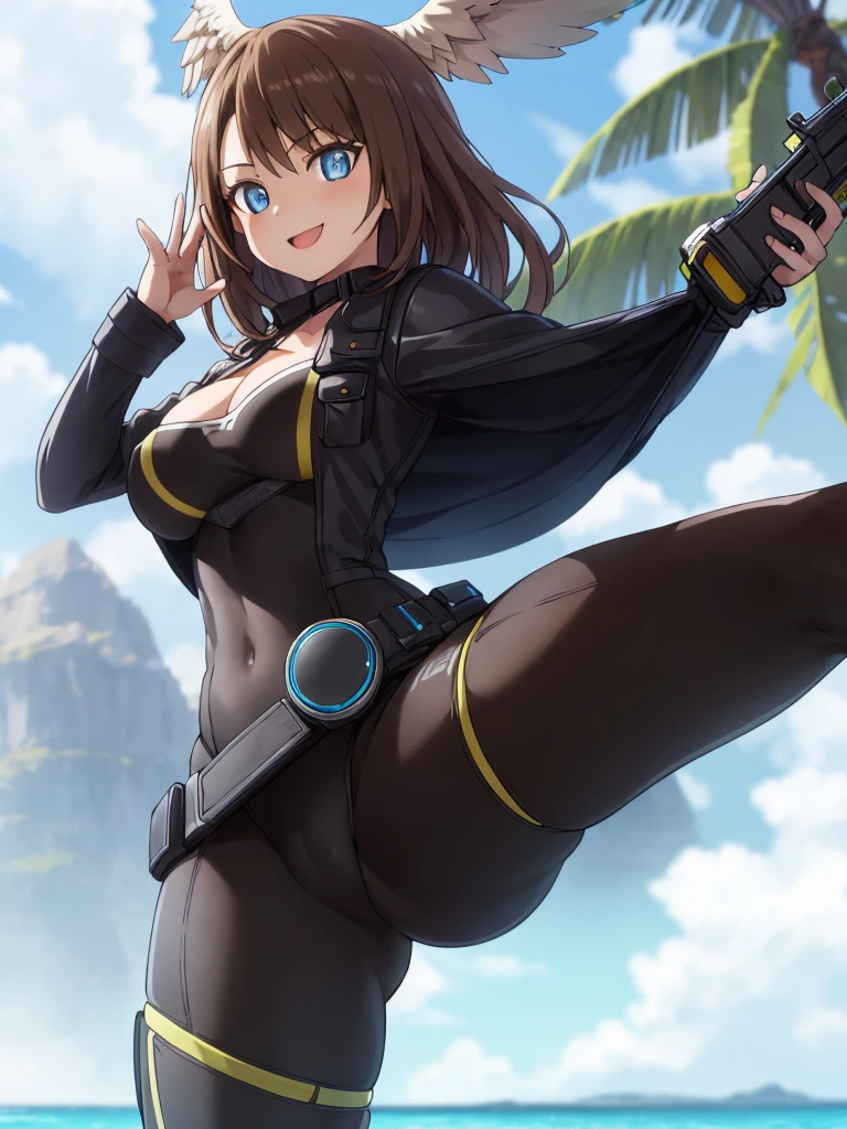 1girl, solo, HDR,  sharp focus,  (8k),  (4k),  masterpiece,  best quality,  extremely detailed,  detailed skin,  hyper detailed,  sharp focus,  perfect eyes,  high quality,, best quality, eunie,1girl,brown hair,  head wings, blue eyes, big breasts, perfect hands, smile, bikini, cute,