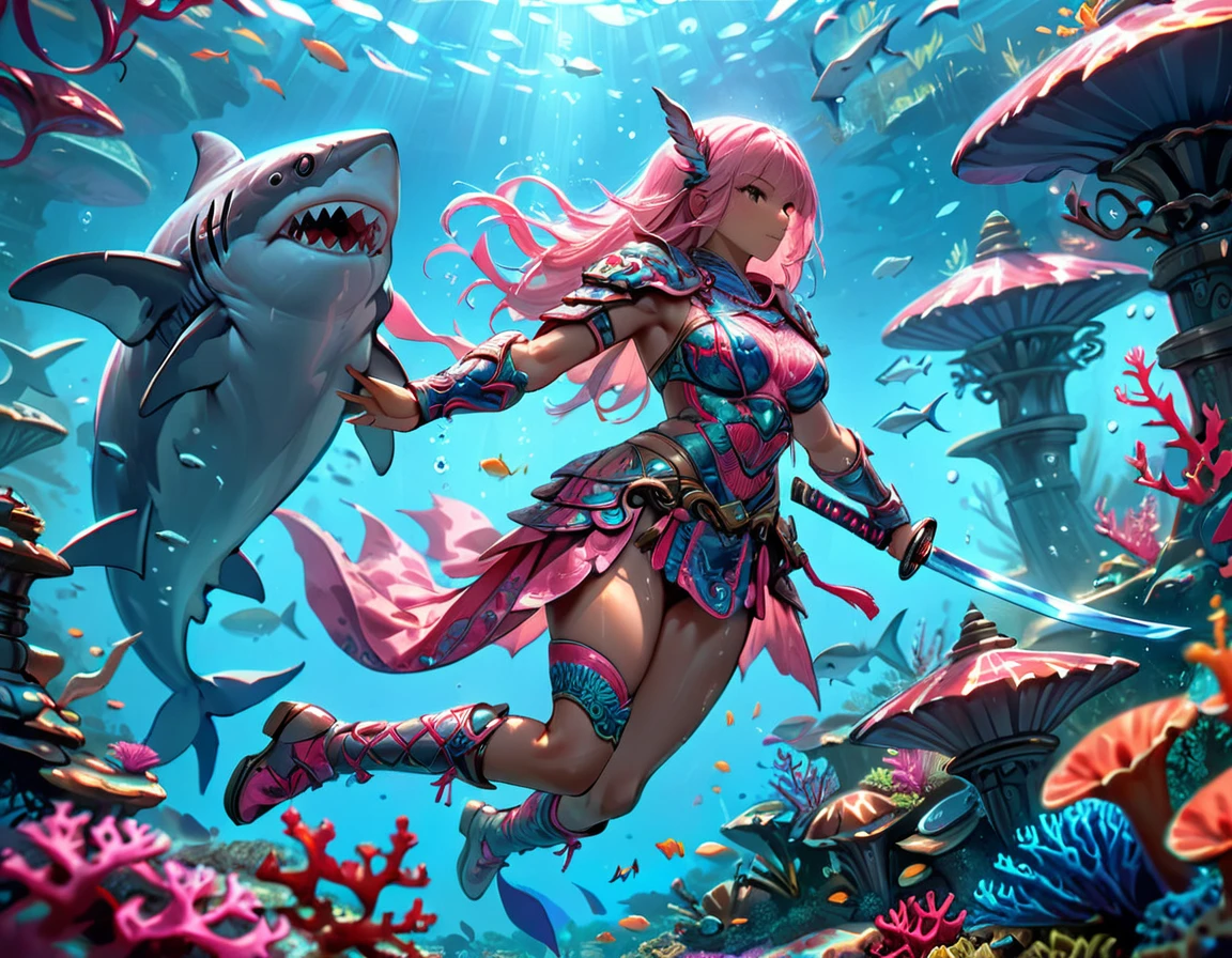 , a wide angle picture of a female human druid swimming along her pet shark, priest of underwater nature, cleric of underwater nature, art full body, ((anatomically correct)), dynamic position (intricate details, Masterpiece, best quality: 1.5) talking to a shark (intricate details, Masterpiece, best quality: 1.5) under the sea  (intricate details, Masterpiece, best quality: 1.5), a human woman wearing scale armor ((intricate details, Masterpiece, best quality: 1.4) leather boots, armed with a katana, DruidMagicAI, thick hair, long hair, pink hair, tan skin intense brown eyes, undersea background (intense details),  night undersea( (intricate details, Masterpiece, best quality: 1.5)high details, best quality, 16k, RAW, (ultra detailed: 1.5), masterpiece, best quality, (extremely detailed), dynamic angle, ultra wide shot, RAW, photorealistic, fantasy art, rpg art, realistic ), dynamic angle,  (intricate details, Masterpiece, best quality: 1.5)), high details, best quality, highres, ultra wide angle, Wielding sword, chumbasket art style, katana