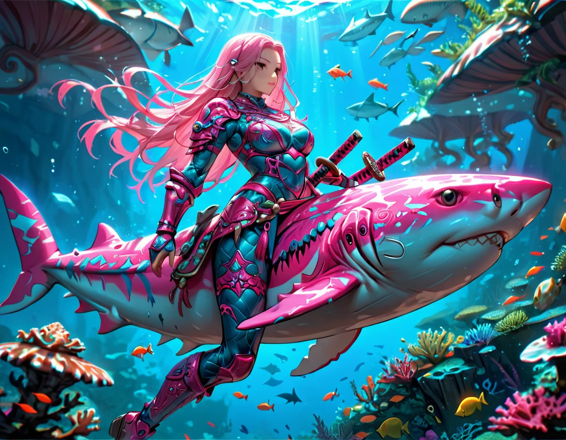 , a wide angle picture of a female human druid swimming along her pet shark, priest of underwater nature, cleric of underwater nature, art full body, ((anatomically correct)), dynamic position (intricate details, Masterpiece, best quality: 1.5) talking to a shark (intricate details, Masterpiece, best quality: 1.5) under the sea  (intricate details, Masterpiece, best quality: 1.5), a human woman wearing scale armor ((intricate details, Masterpiece, best quality: 1.4) leather boots, armed with a katana, DruidMagicAI, thick hair, long hair, pink hair, tan skin intense brown eyes, undersea background (intense details),  night undersea( (intricate details, Masterpiece, best quality: 1.5)high details, best quality, 16k, RAW, (ultra detailed: 1.5), masterpiece, best quality, (extremely detailed), dynamic angle, ultra wide shot, RAW, photorealistic, fantasy art, rpg art, realistic ), dynamic angle,  (intricate details, Masterpiece, best quality: 1.5)), high details, best quality, highres, ultra wide angle, Wielding sword, chumbasket art style, katana