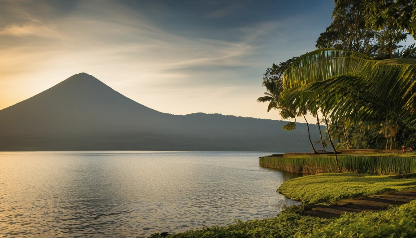 big lake of bali, volcano mountain background,