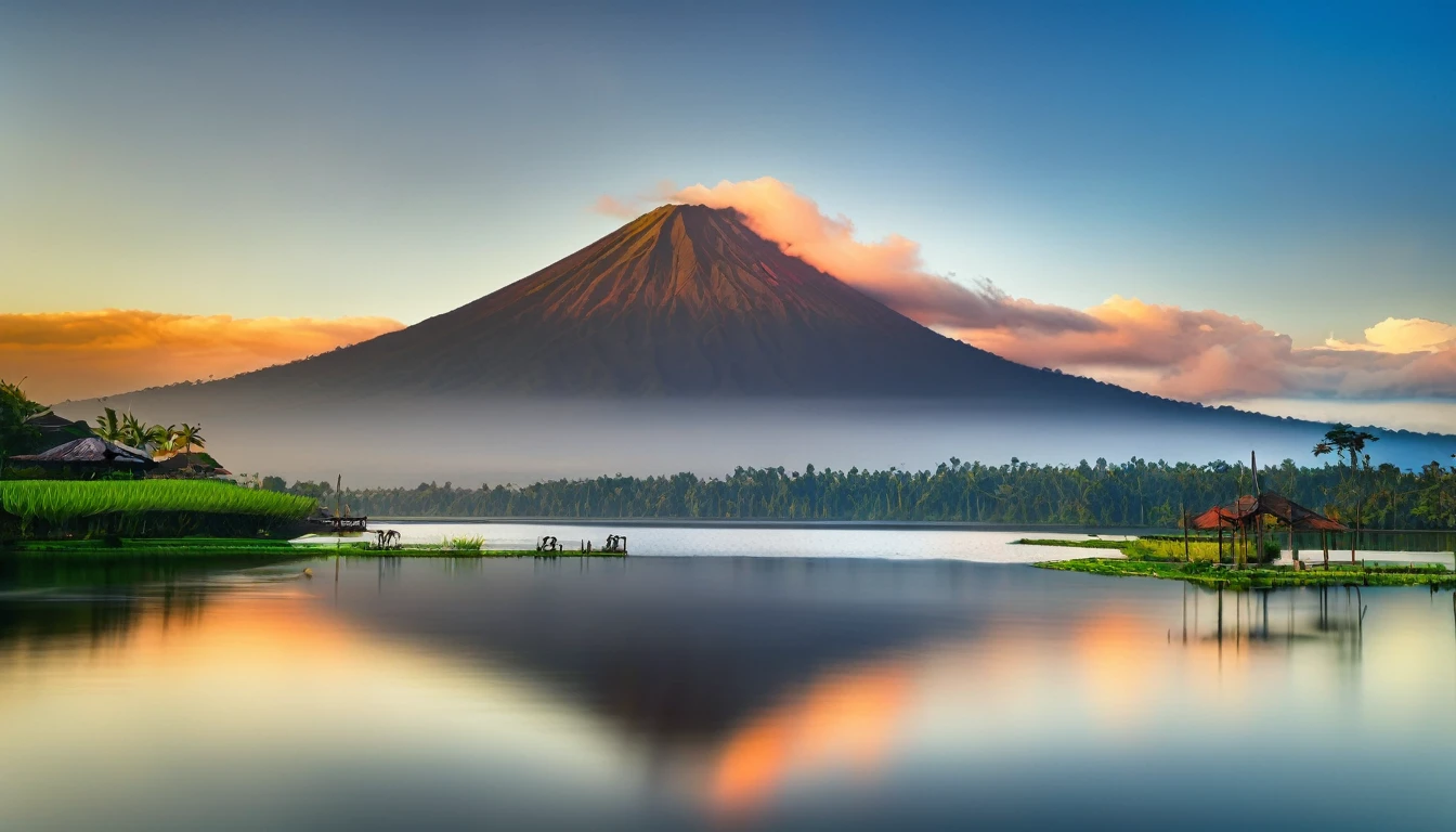 big lake of bali, volcano mountain background,