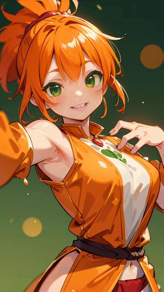 1 Girl、8K、Sharp focus、(Bokeh) (Highest quality) (Detailed skin:1.3) (Intricate details) (anime)、Orange clothes、Orange Hair、ponytail、Beautiful green eyes、Wicked Smile、Loincloth、Shrimp mascot、Upper body close-up