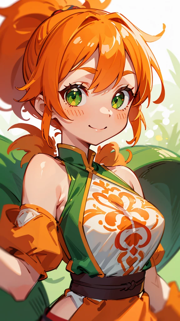 1 Girl、8K、Sharp focus、(Bokeh) (Highest quality) (Detailed skin:1.3) (Intricate details) (anime)、Orange clothes、Orange Hair、ponytail、Beautiful green eyes、Wicked Smile、Loincloth、Shrimp mascot、Upper body close-up