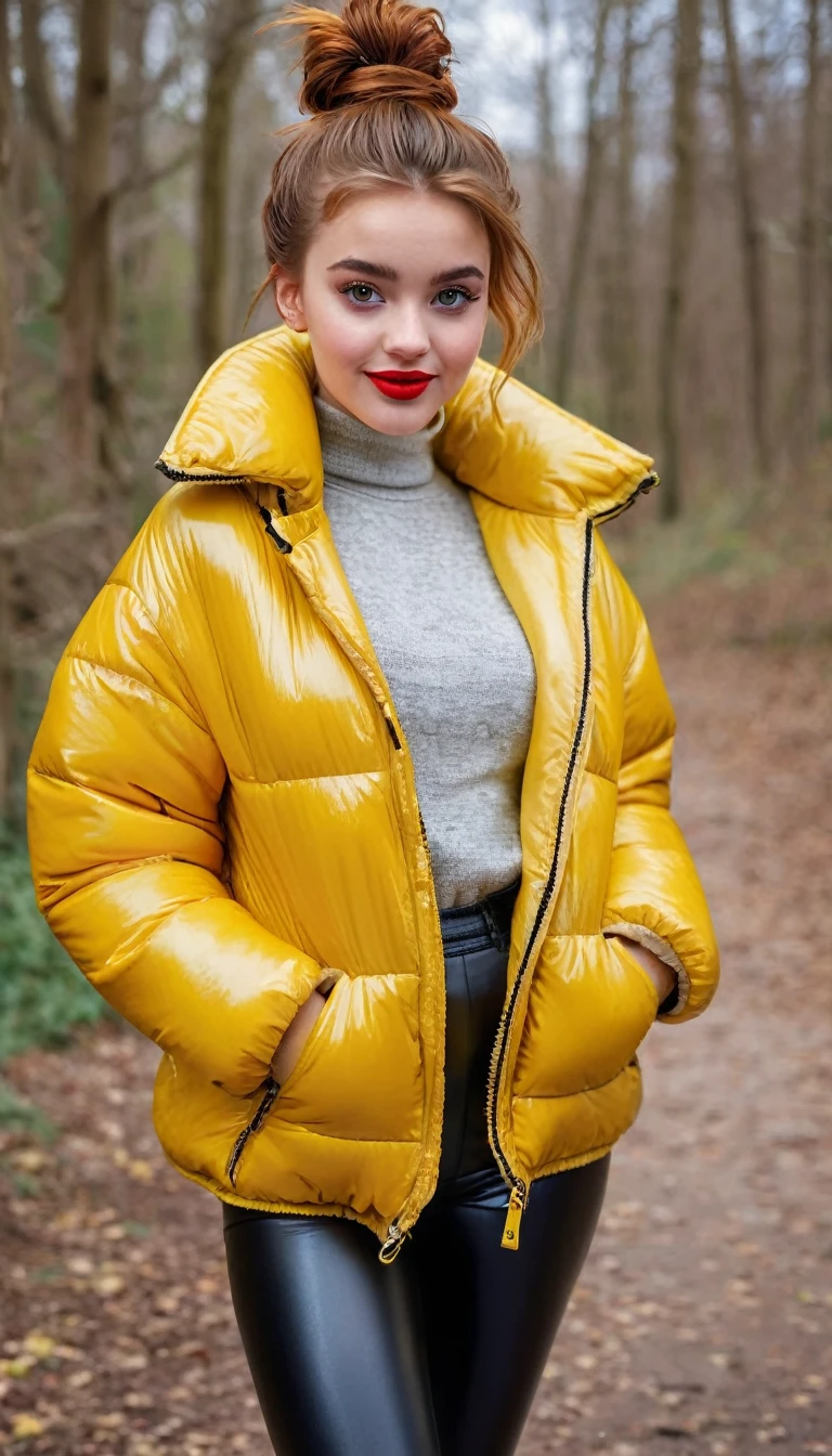ultrarealistic high quality fullbody photo of a beautiful slim european girl with cute hyperdetailed shy face and natural redhead short messy bun and mischievous face, realistic round hazel eyes, red lips, dark eye makeup with eyeliner, wearing shiny yellow puffer jacket and faux leather leggins, hourglass body, outdoor shooting