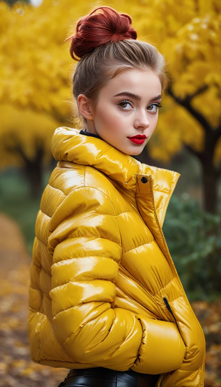 ultrarealistic high quality fullbody photo of a beautiful slim european  girl with cute hyperdetailed shy face and natural redhead short messy bun and mischievous face, realistic round hazel eyes, red lips, dark eye makeup with eyeliner, wearing shiny yellow puffer jacket and faux leather leggins, hourglass body, outdoor shooting