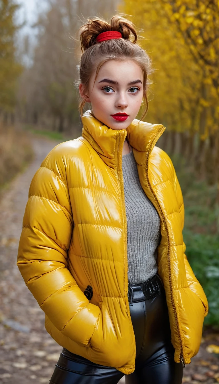 ultrarealistic high quality fullbody photo of a beautiful slim european teen girl with cute hyperdetailed shy face and natural redhead short messy bun and mischievous face, realistic round hazel eyes, red lips, dark eye makeup with eyeliner, wearing shiny yellow puffer jacket and faux leather leggins, hourglass body, outdoor shooting