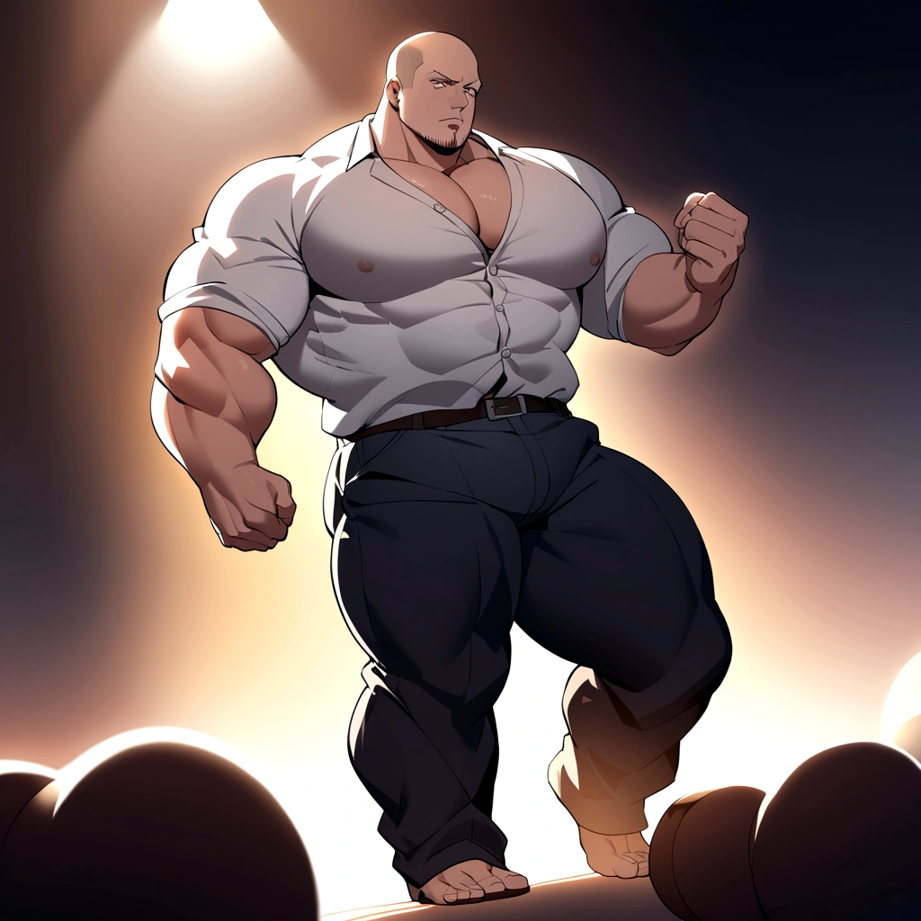 The big show as a bodybuilder with enormous muscles, wide huge pectorals, wearing dressing shirt and pants, full body