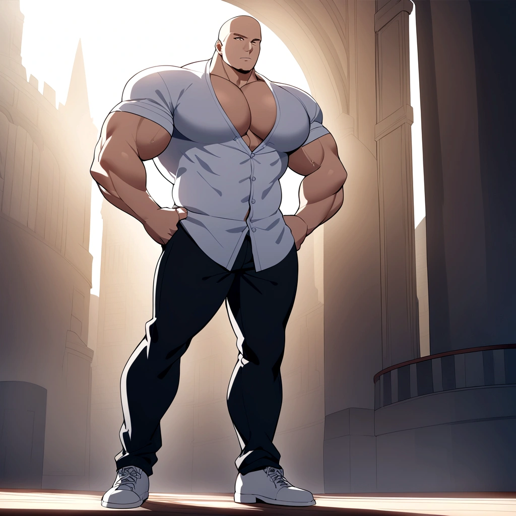 The big show as a bodybuilder with enormous muscles, wide huge pectorals, wearing dressing shirt and pants, full body 