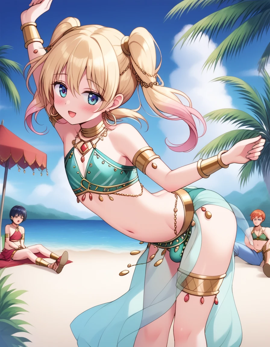 1boy, feminine and girly, trap, twink, leaning forward, outdoors, background, blush, belly dancer outfit, big butt, belly dancer, innocent and cute boy, the boy is about , butt, small bulge, dancing, arabic harem, see-through silk, gold jewelry,