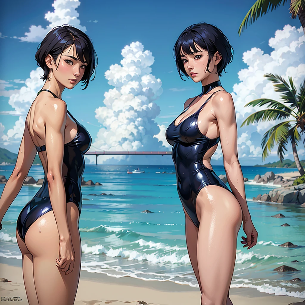 ((highest quality, masterpiece, High resolution)), ((reality)),Photos of beautiful Japanese women,((anime art))、 (((1 girl))), normal size breasts, slim body shape, medium short hair, double eyelid, Wet see-through one-piece swimsuit,, A pareo with bold ethnic patterns and plenty of primary colors、realistic skin、Wet,whole body,cinematic light、tropical、Against the background of palm trees on both sides、on a sunny beach、With the sea in the background、blur background、Clean abs,