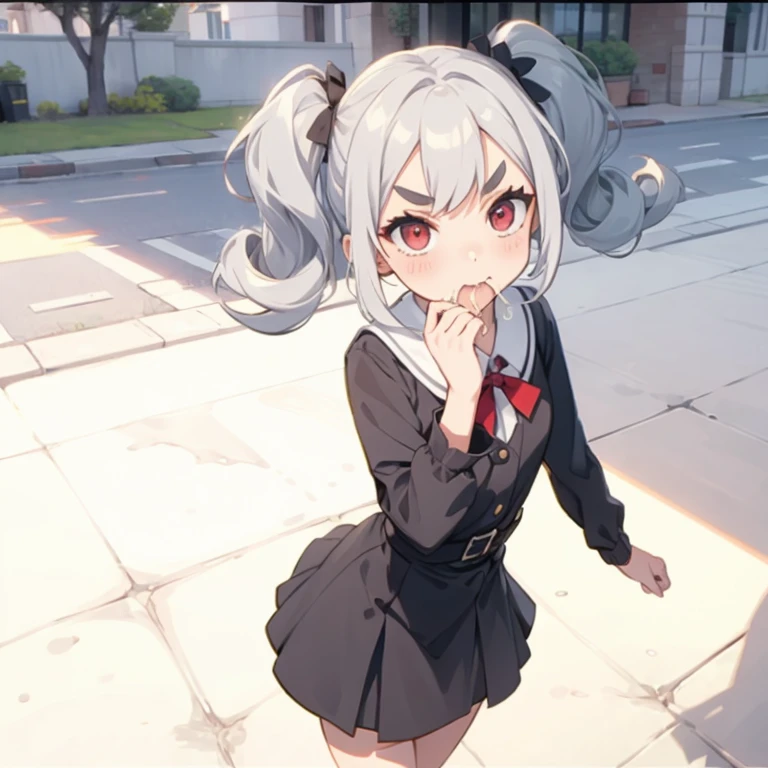 Young girl with grey hair, ((fringed and curly hair)),((curly short twintail)), curly hair ,(red eyes),, ((small bushy eyebrows)), wearing gothic ****ta clothing, ****con , walking to school, bored look, bored face,, girl sucking penis cum bubbling out her mouth, in a street, girl giving a deepthroat blowjob to male, multiple vignettes
