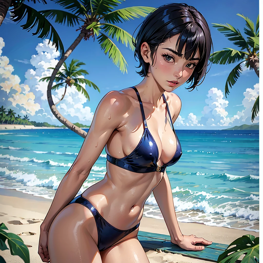 ((highest quality, masterpiece, High resolution)), ((reality)),Photos of beautiful Japanese women,((anime art))、 (((1 girl))), normal size breasts, slim body shape, medium short hair, double eyelid, Wet see-through one-piece swimsuit,, A pareo with bold ethnic patterns and plenty of primary colors、realistic skin、Wet,whole body,cinematic light、tropical、Against the background of palm trees on both sides、on a sunny beach、With the sea in the background、blur background、Clean abs,
