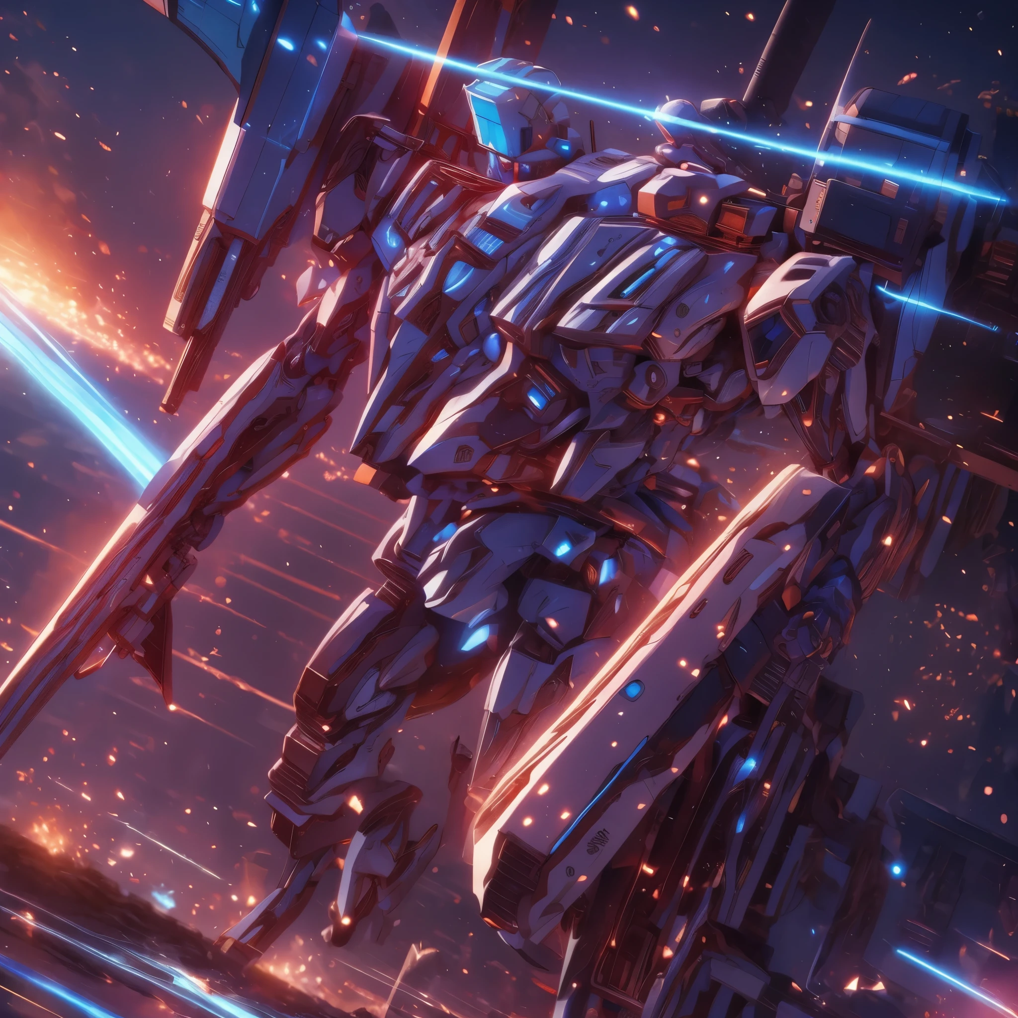 Obra de arte, melhor qualidade:1.7)Mech branco e azul com detalhes dourados, médio, segurando uma sniper azul grande. Extremely detaild, 4K UHD, HDR, naturallight, cinematic lighting, masterpiece-anatomy-perfect, ultra HD, Space Combat, Battlefield, RAW photo, metallic, ultra-fine painting, perfect body proportions, anatomically correct, real texture material, Anti-Aliasing, TXAA, SSAO, Post Processing, Post Production, Tone Mapping, CGI, VFX, SFX, Hyper maximalist, ultra photorealultra-detailed intricate details.